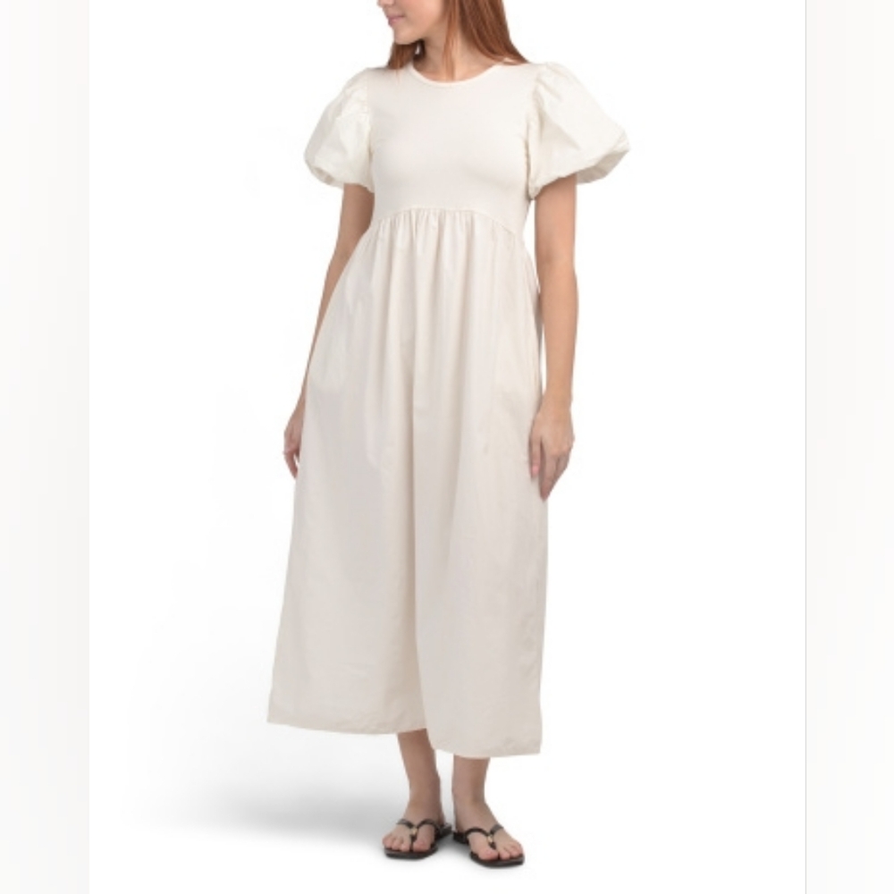 NWT - SAIPH Italy White Mixed Media Cotton Stretch Round Neck Maxi Dress -Size L